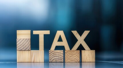 A wooden block arrangement spells "TAX," set against a blurred blue background, symbolizing finance and taxation.