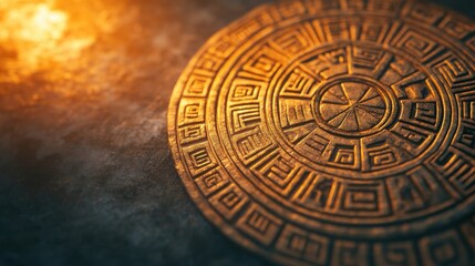 Obraz premium A detailed ancient disc with intricate carvings, illuminated by warm light, resting on a textured surface.