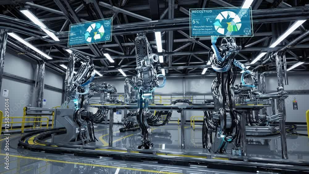 Poster advanced robotic assembly line demonstrates efficiency in a modern manufacturing facility