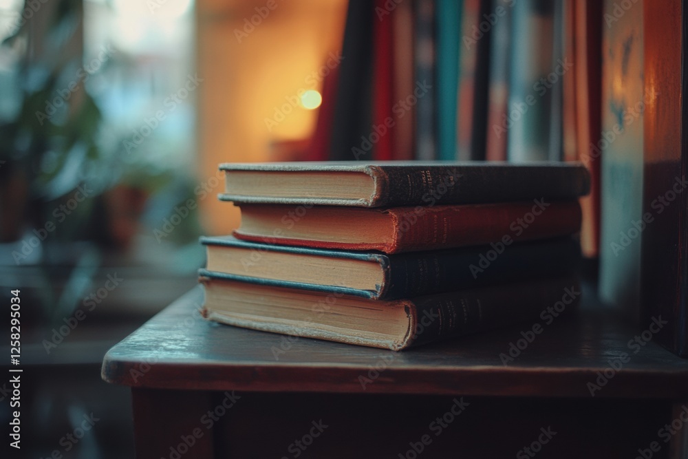Poster stack of vintage books on a rustic wooden shelf with warm lighting creating an inviting atmosphere. 