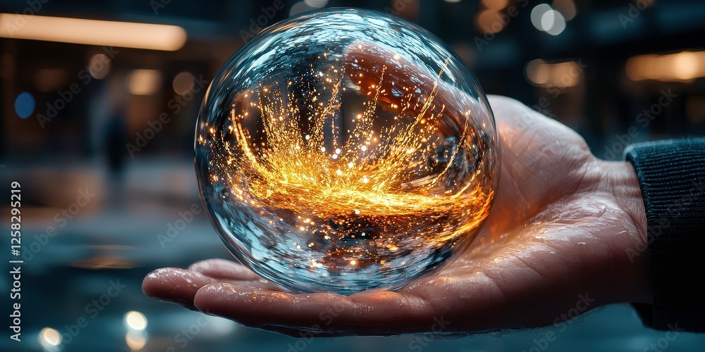 Poster hand holds transparent sphere filled with swirling golden light, creating magical and captivating ef