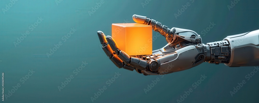 Poster potential strength efficiency concept. robotic hand holding glowing cube in a futuristic setting.
