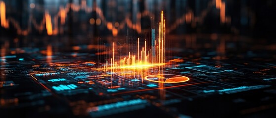 Digital cityscape with glowing orange lights and business statistics infographics in a futuristic environment
