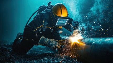 Fototapeta premium Underwater Welding: A Diver's Precision in Deep Ocean