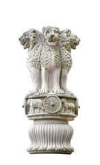 sculpture of emblem of India have four lion symbolizing power on top of the pole, isolated on white background