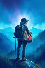 Fototapeta premium Hiker Contemplating Majestic Mountain View at Dusk