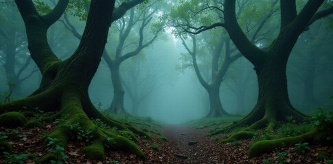 Foggy forest with mossy ancient trees and twisted trunks , woodland, fog, scenic