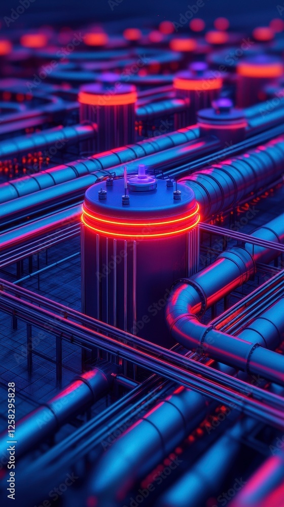 Poster futuristic intelligent water flow system with glowing pipes and pressure control units in high tech 