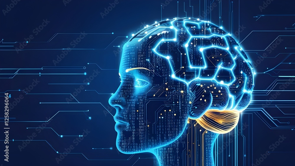 Poster futuristic artificial intelligence: neural network head visualization