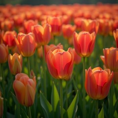 Vibrant field of tulips bathed in warm sunlight evoking a sense of natural beauty and tranquility