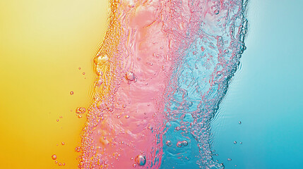 Colorful water abstraction with bubbles. Vibrant hues of yellow, pink, and blue blend seamlessly, creating a visually dynamic and refreshing underwater effect.