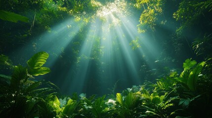 Fototapeta premium Sunlight streaming through dense jungle foliage, illuminating lush greenery and creating a serene atmosphere