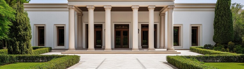 A modern building with tall columns, surrounded by neatly trimmed greenery and a paved pathway leading to its entrance.