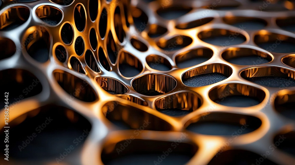 Poster intricate metalwork with honeycomb pattern on dark background, showcasing luxurious and artistic des