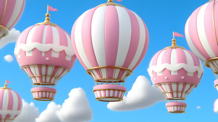 Pink & White Hot Air Balloons Float Gently Above Clouds