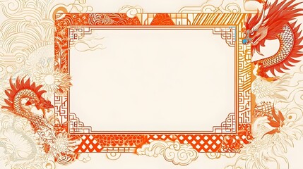 Orange Chinese Dragon Frame Background, Asian Art, Decorative Border, Vintage Template
