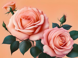 A soft, pastel aesthetic with beautifully detailed pink roses arranged on the right side against a warm peach-colored background.