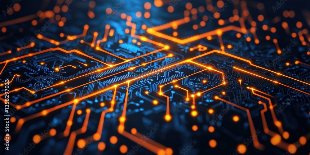 Poster potential strength efficiency concept. abstract circuit board with glowing orange lines and nodes on