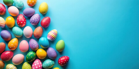 Fototapeta premium A vibrant collection of colorful eggs arranged on a bright blue background, perfect for spring celebrations and festive designs.