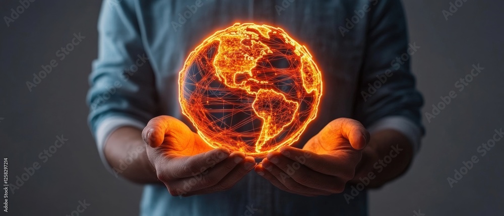 Aufkleber person holding a glowing earth in hands with digital network and data visualization in background