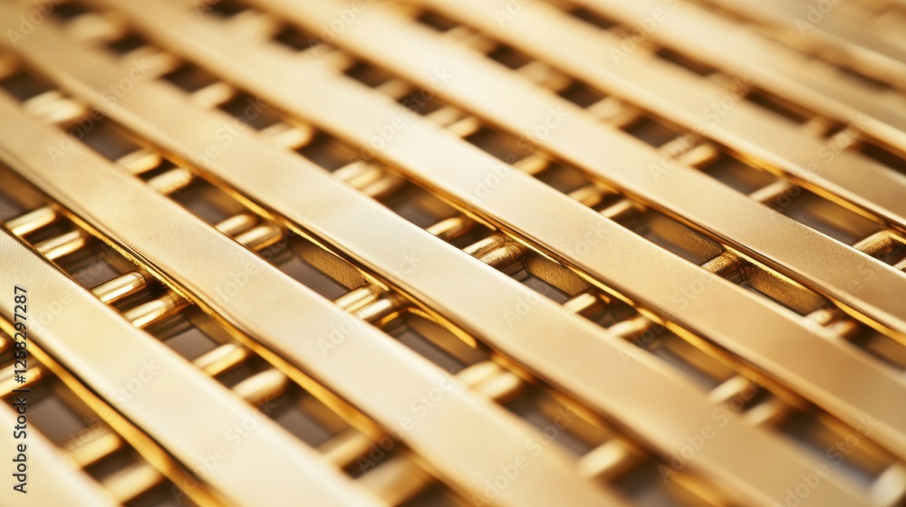 Poster a close-up image of golden metallic strips arranged in a crisscross pattern, showcasing shine and te