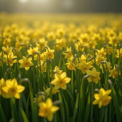 Fototapeta premium A vast field of vibrant yellow daffodils basking in the warm glow of the sun