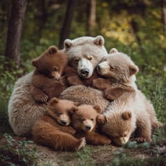 Obraz premium Grizzly bear family cuddling in forest; wildlife sanctuary