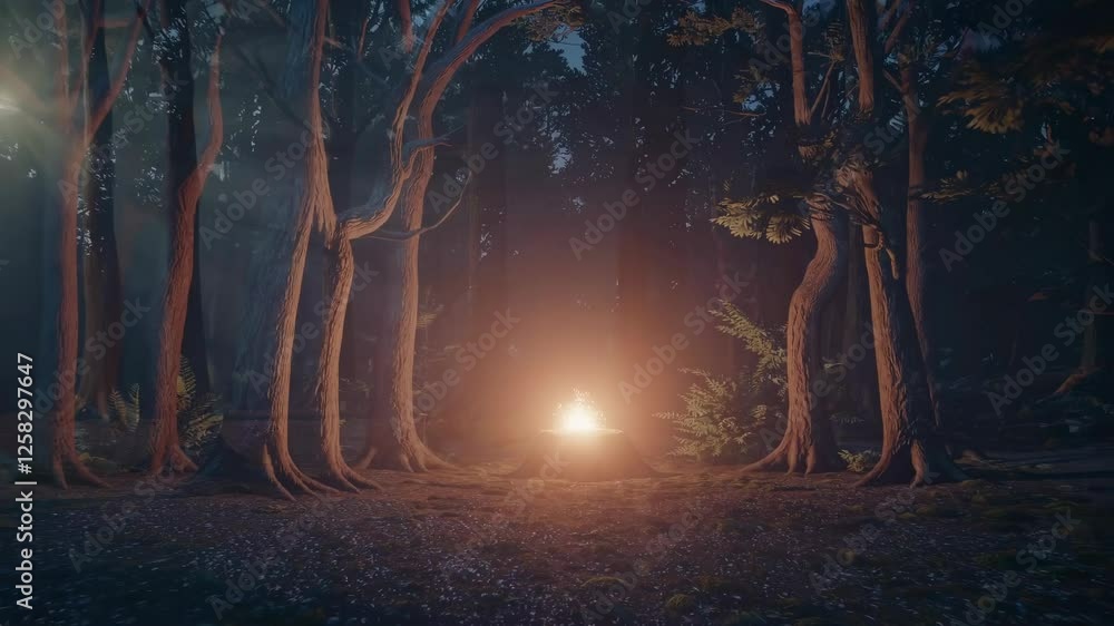 Poster mysterious forest illuminated by soft light and shadows during early morning hours