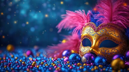 Glittering Mardi Gras mask with feathers and beads on vibrant blurred background