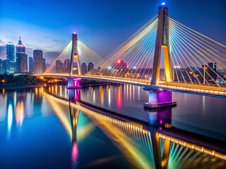 Fototapeta premium Nanjing's Stunning Cable-Stayed Bridge Night Lightscape: Illuminated Architecture and Cityscape