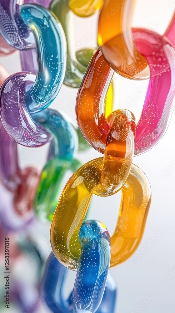 Poster colorful glass chain links interlock vibrant display, showcasing spectrum of hues and transparency. 