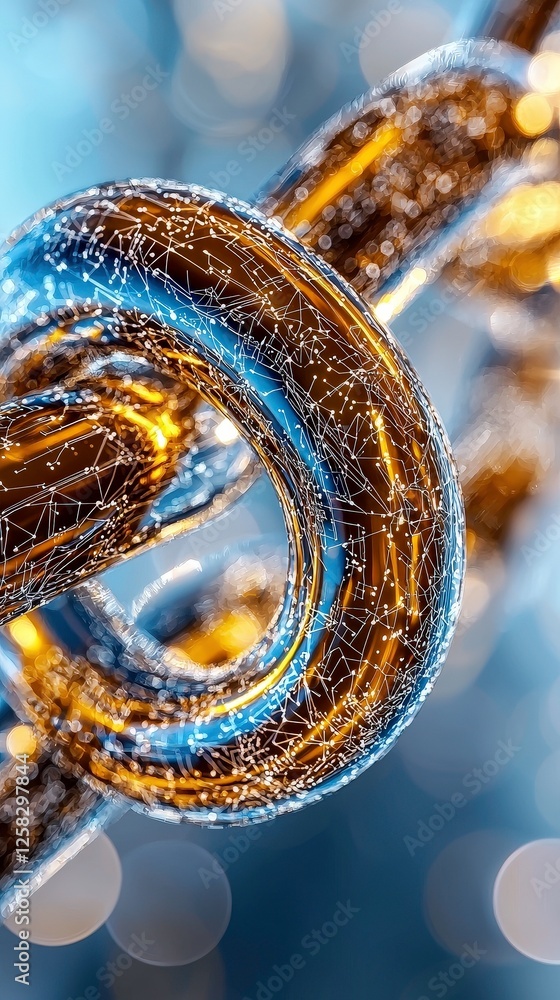 Poster close up of abstract metallic chain with digital network overlay, showcasing intricate connections a