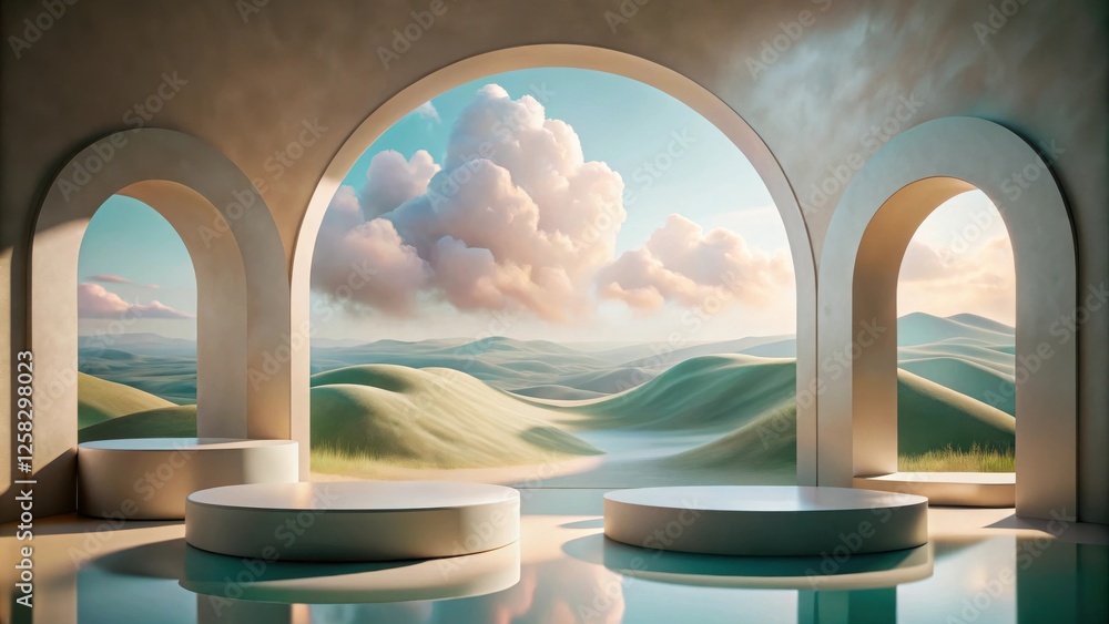 Poster serene architectural vista featuring three circular platforms and a panoramic view of rolling hills 