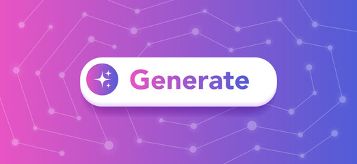Generate button with sparkle icon. Minimalistic button with a rounded design on gradient background which covered with glowing dots connected to each other. Design element for web or AI assistant
