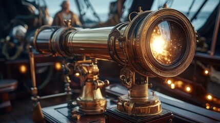 Fototapeta premium Antique telescope, ship deck, sunset, sailor, nautical adventure