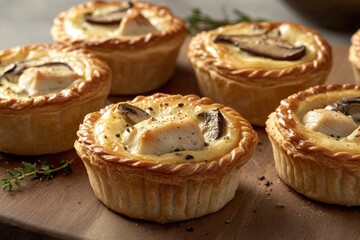 Mini chicken and mushroom quiches with golden crusts on a rustic wooden board