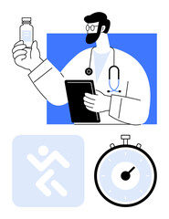 Doctor holding a tablet and medication vial stopwatch and fitness symbol. Ideal for healthcare, medical, fitness, time management, medication, professional, wellness. Line metaphor