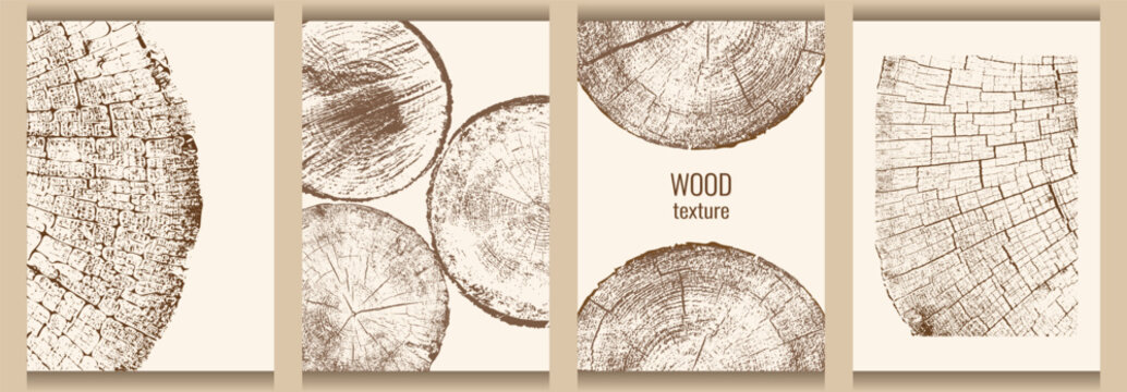 A set of posters with a cross-section of wood. Design for menu, cover, flyer, background, invitation. Tree growth layers close-up. Vector image.