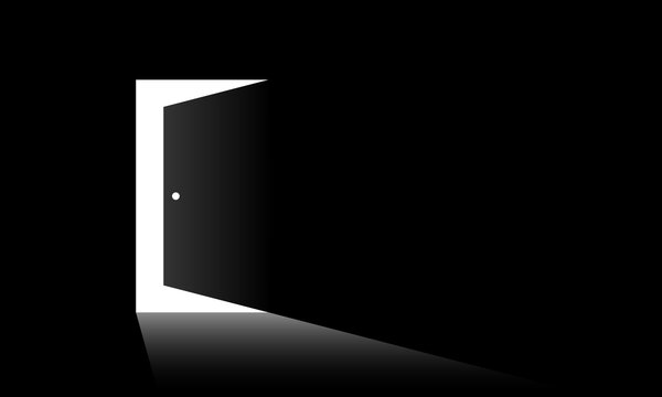 Minimalist digital illustration of a partially opened door casting white light into darkness. Business concept of new possibilities, finding new solutions, hope and exit. Vector illustration