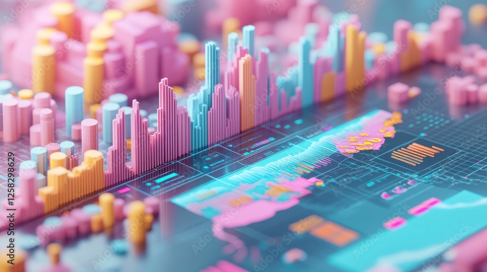 Poster a vibrant, 3d visualization of data represented by colorful bars and graphs, illustrating trends and