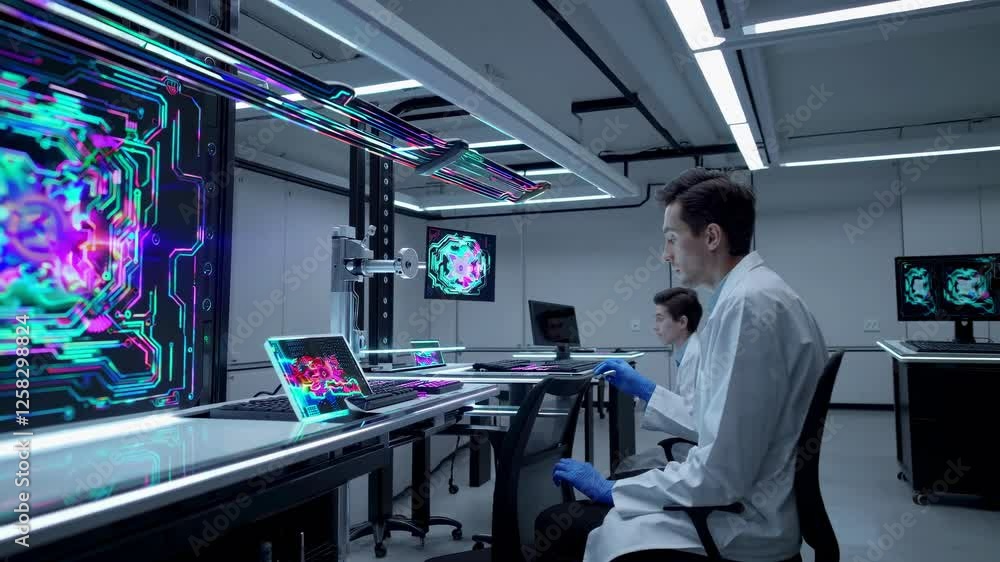 Aufkleber exploring the futuristic technology of a modern lab with vibrant holographic displays and cutting-ed