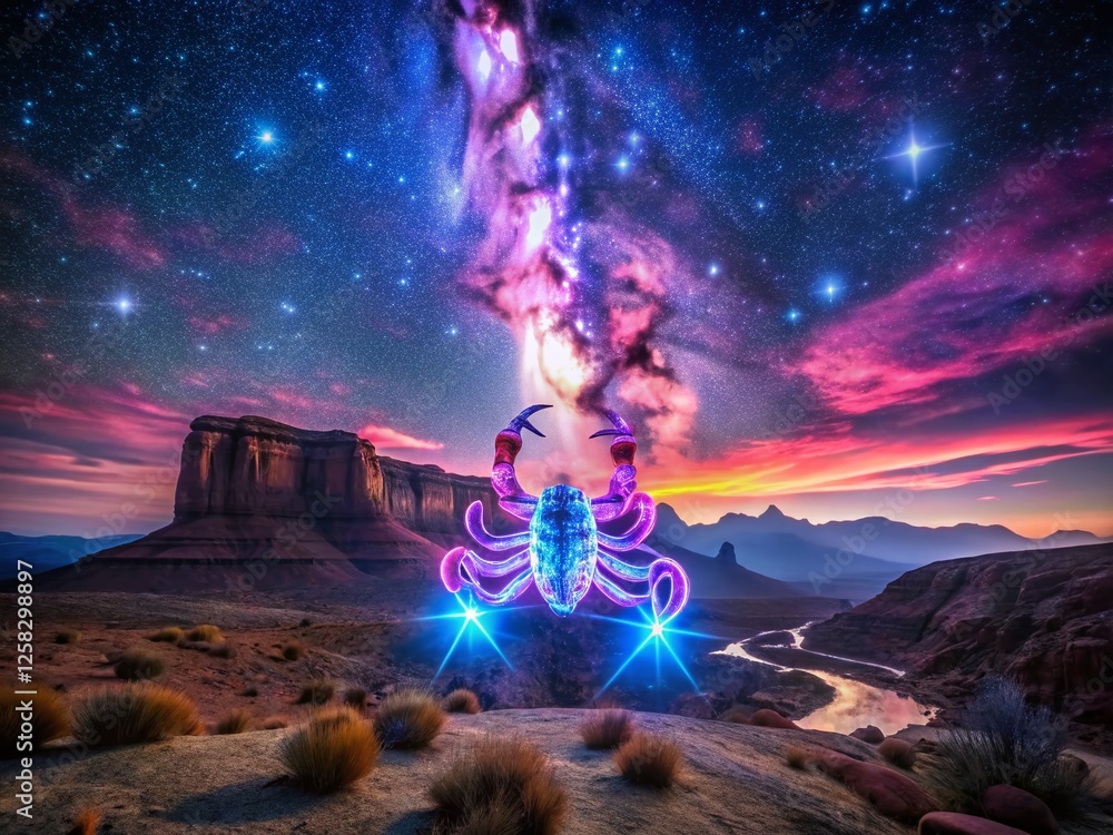 Wall mural Neon Scorpio Zodiac Sign Landscape - Vibrant Night Sky & Desert