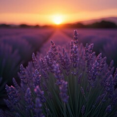 Fototapeta premium A vast lavender field at sunset with the sun casting a golden glow over the landscape
