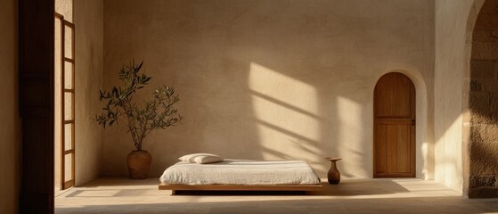 A serene, minimalist bedroom with natural light casting shadows, featuring a wooden bed, potted plant, and earthy tones.