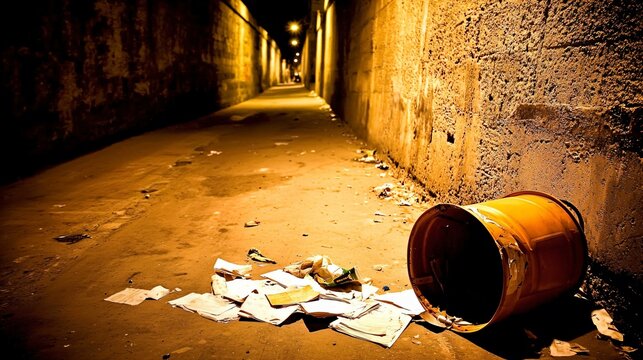 Dark urban alley with broken streetlamp, overturned trash can, and scattered papers, creating a tense and chaotic atmosphere. Urban decay and mysterious night scene concept.