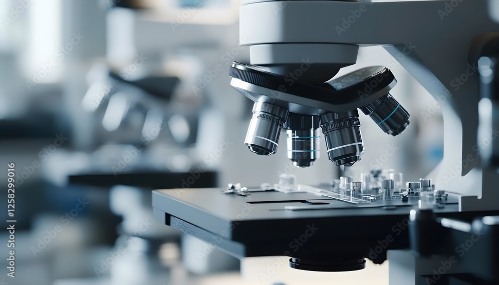 Poster close-up of a modern microscope in a laboratory setting