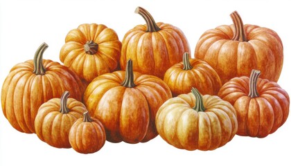 A hand-drawn set of pumpkins in various sizes and shapes, with intricate line details and soft shading