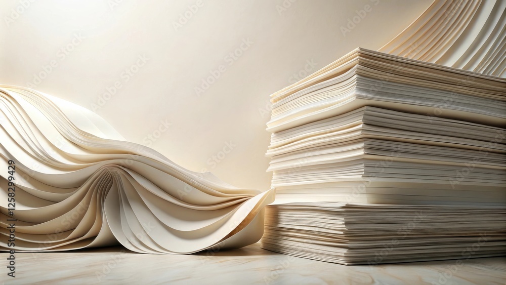 Poster Abstract Paper Sculptures  Fluid Forms and Stacked Layers of Cream-Colored Sheets