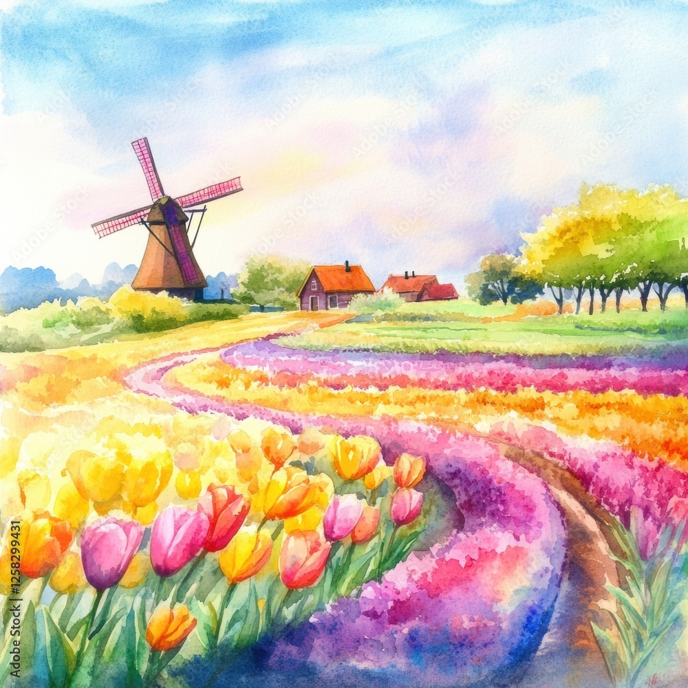 Poster colorful watercolor illustration of tulip fields with a windmill in a vibrant spring landscape. gene