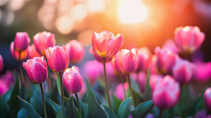 Obraz premium Pink tulips in the sunshine. A lovely garden of tulips. The flowers are pink and the background is a bokeh effect.